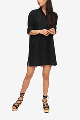 Short Sleep Shirt - Black Linen 100% Linen