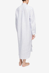 Ankle Length Sleep Shirt Blue Pinstripe - 100% Linen - One Size
