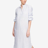 Ankle Length Sleep Shirt Blue Pinstripe - 100% Linen - One Size