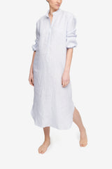 Ankle Length Sleep Shirt Blue Pinstripe - 100% Linen - One Size
