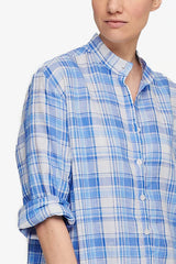 Ankle Length Sleep Shirt Blue Plaid - 100% Linen - One Size