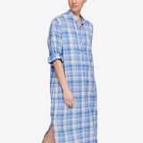 Ankle Length Sleep Shirt Blue Plaid - 100% Linen - One Size