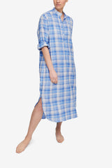 Ankle Length Sleep Shirt Blue Plaid - 100% Linen - One Size