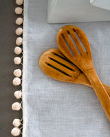 100% Pure Linen Tea Towels with Pom-Poms - White
