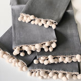 100% Pure Linen Tea Towels with Pom-Poms - Pigeon Grey