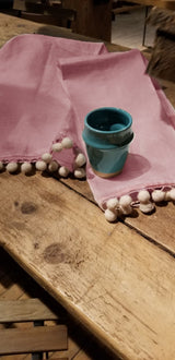 100% Pure Linen Tea Towels with Pom-Poms - Rosewood