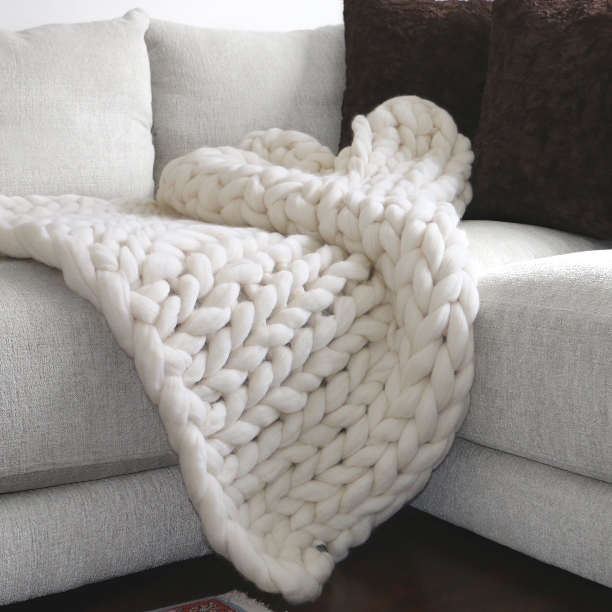 Large Chunky Knit Throw -100% Merino Wool-Ivory BNorth Domicile
