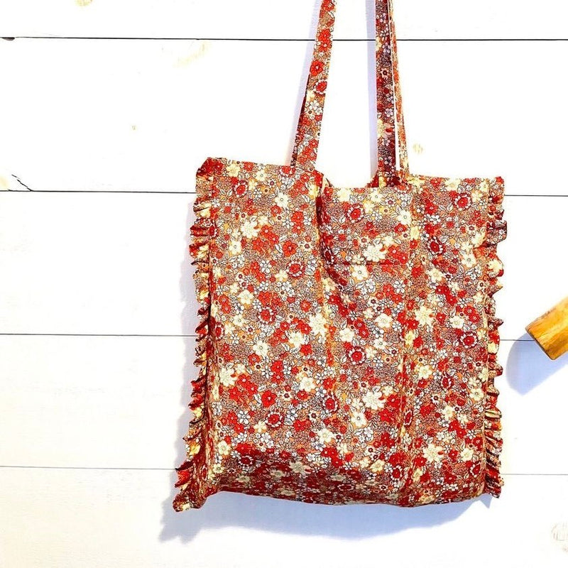 Lightweight Tote Bag with Ruffles - 100% Cotton - Orange Floral