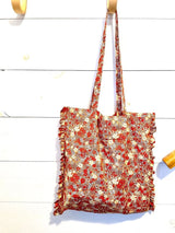 Lightweight Tote Bag with Ruffles - 100% Cotton - Orange Floral