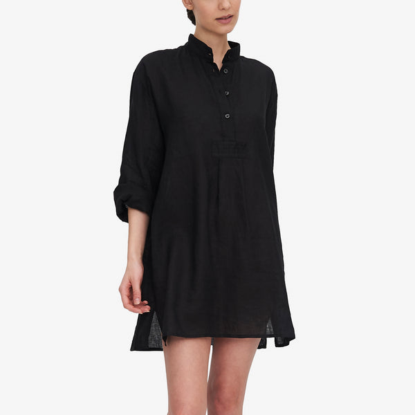 Short Sleep Shirt - Black Linen 100% Linen