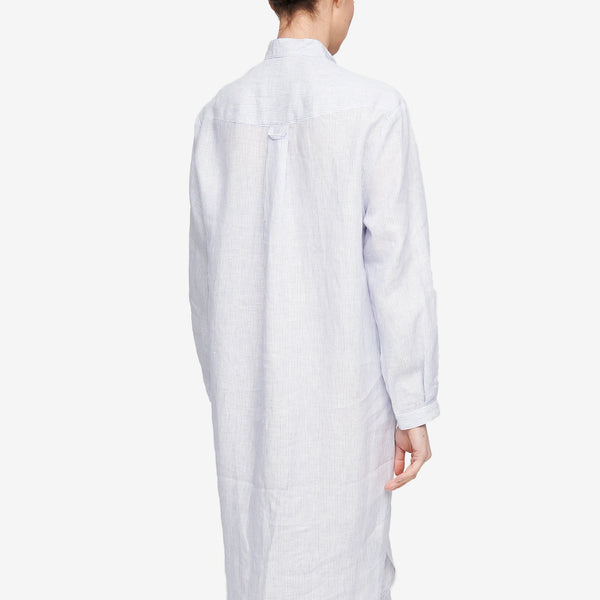 Ankle Length Sleep Shirt Blue Pinstripe - 100% Linen - One Size