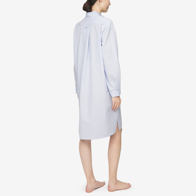 Long Sleep Shirt - Blue + White Seersucker