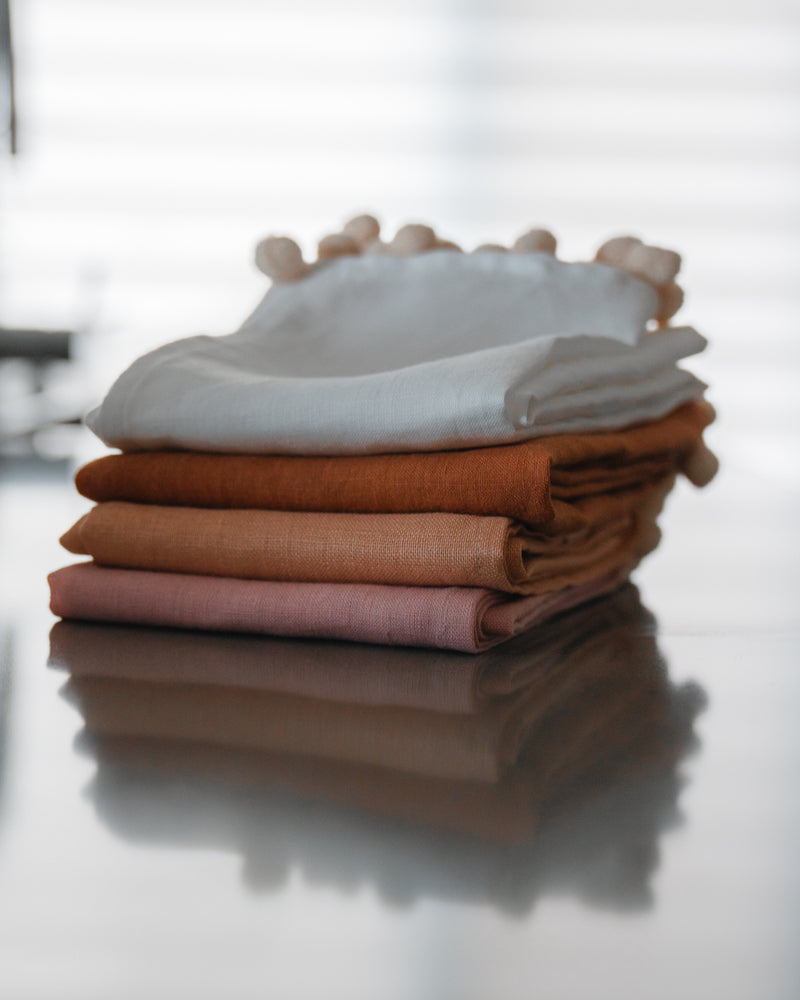 100% Pure Linen Tea Towels with Pom-Poms - Natural