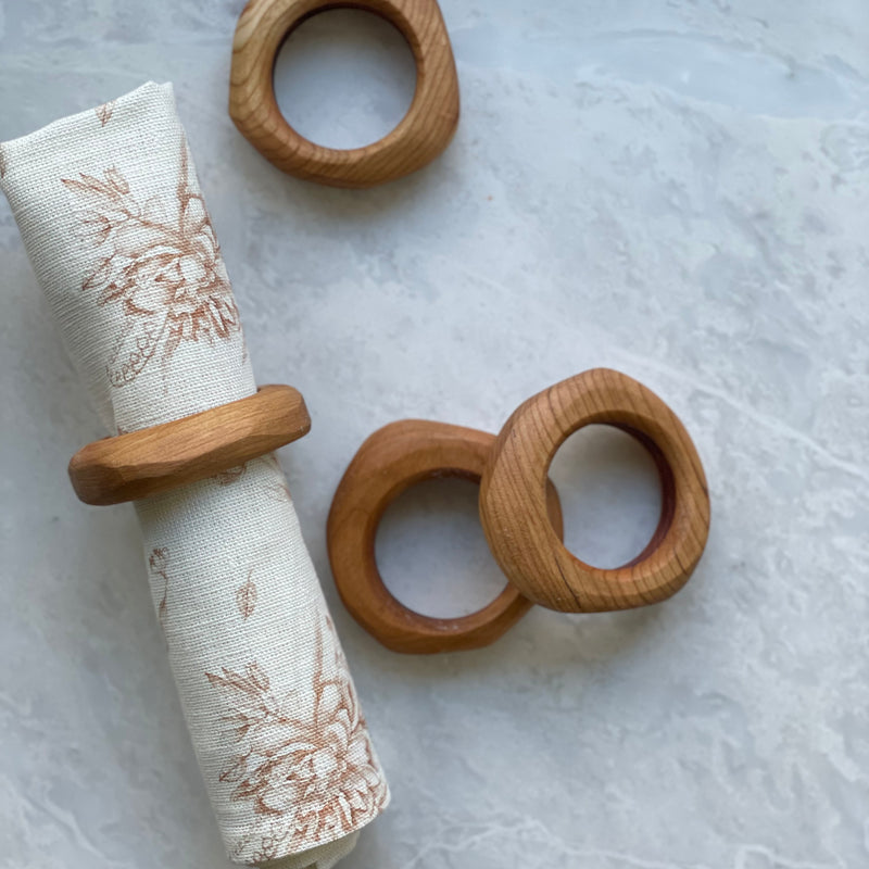 Hand Carved Wood Napkin Rings - Cherry Wood- Set of 4