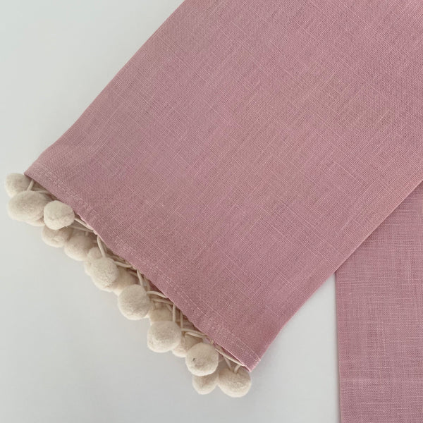 100% Pure Linen Tea Towels with Pom-Poms - Rosewood