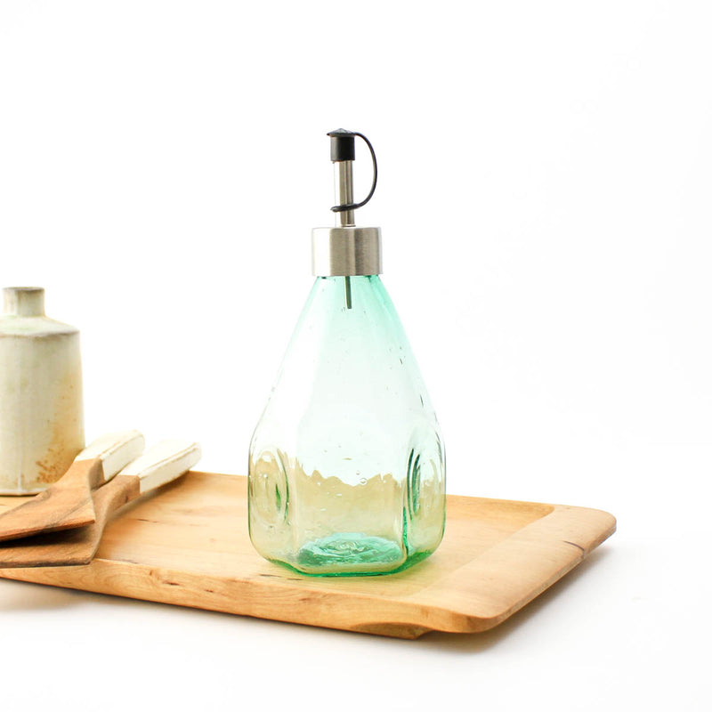 Hexagon Oil Dispenser Bottle - Handblown Glass - Emerald Green