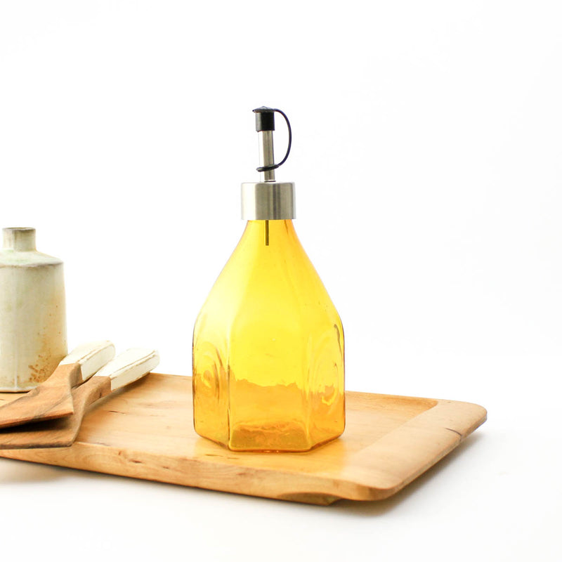 Hexagon Oil Dispenser Bottle - Handblown Glass - Gold Topaz