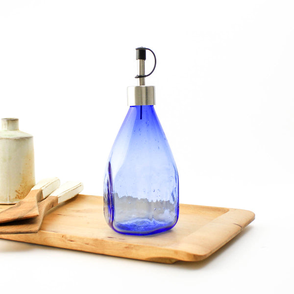 Hexagon Oil Dispenser Bottle - Handblown Glass - Sari Blue