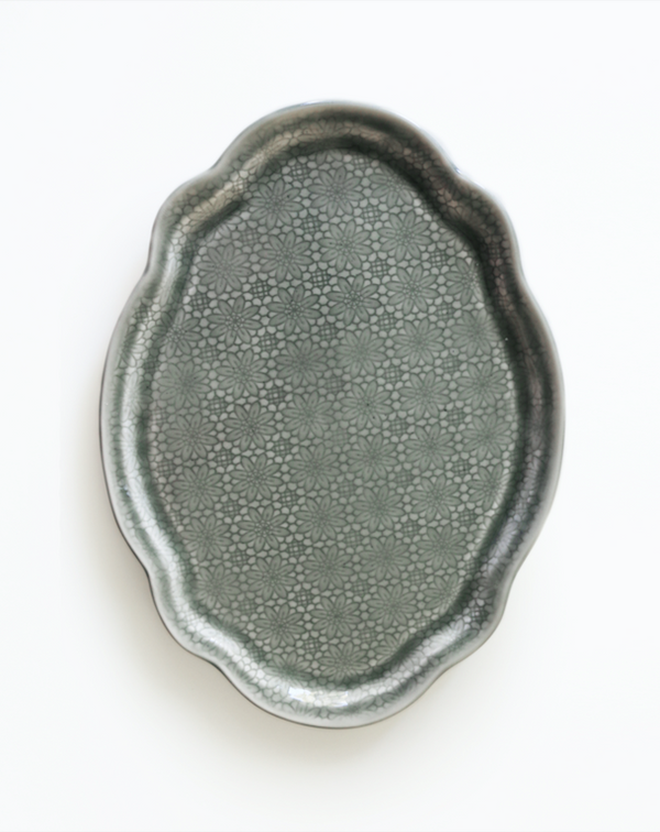 Porcelain Floral Medium Oval Serving Platter - Grey