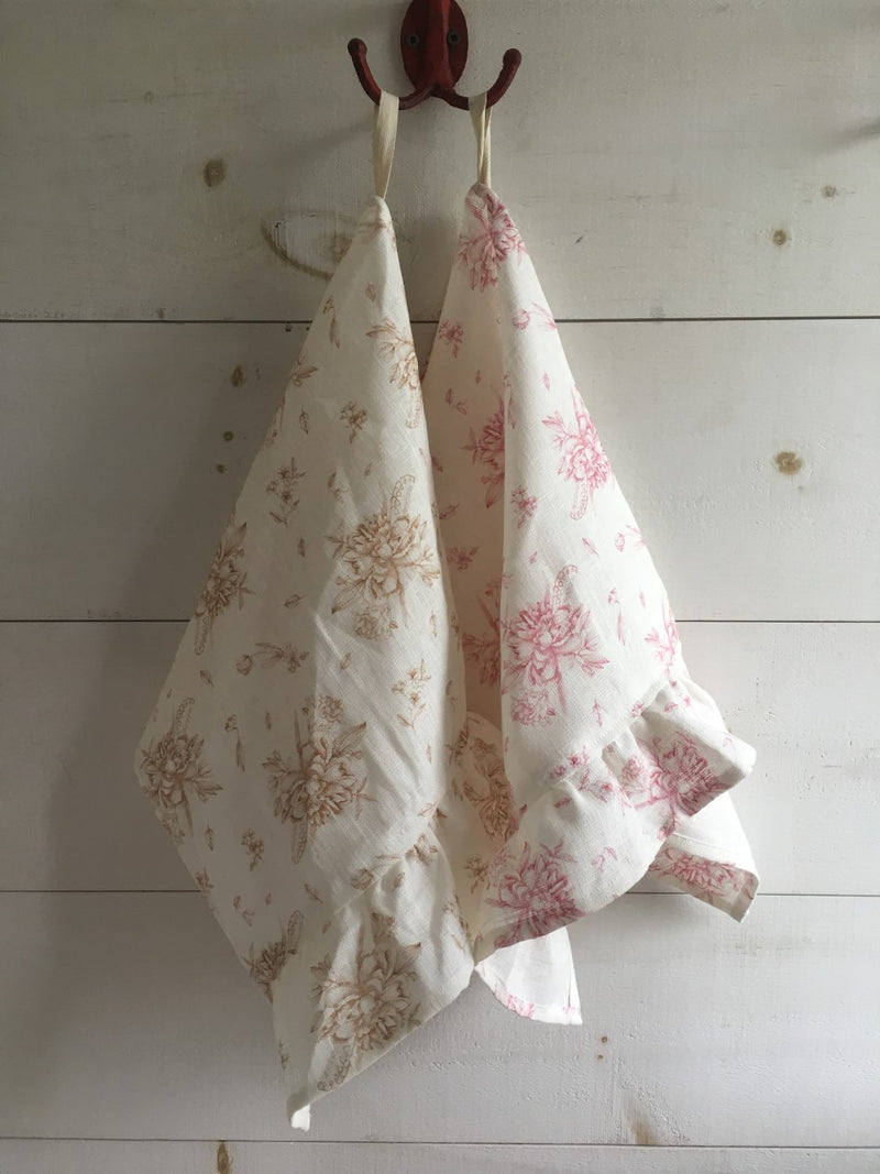 100% Pure Linen Tea Towels with Ruffles - Champs Rosé