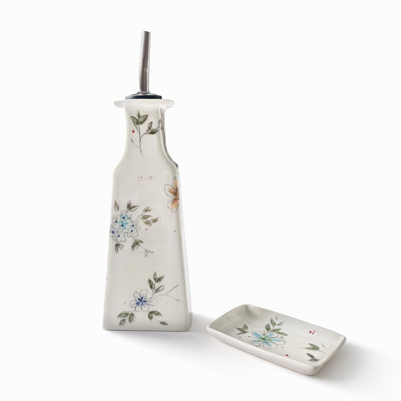 Porcelain Olive Oil Dispenser with Tray - Floral Collection
