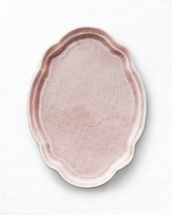 Porcelain Floral Medium Oval Serving Platter - Baby Pink