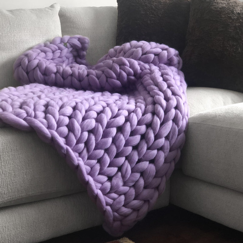Large Chunky Knit Throw - 100% Hypoallergenic Merino Wool - Lavender