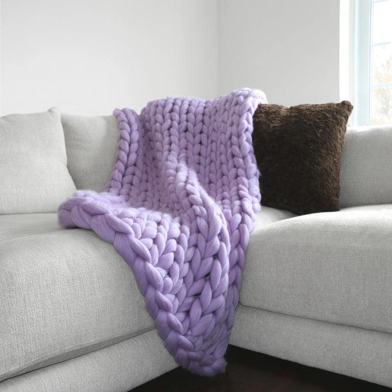 Large Chunky Knit Throw - 100% Hypoallergenic Merino Wool - Lavender