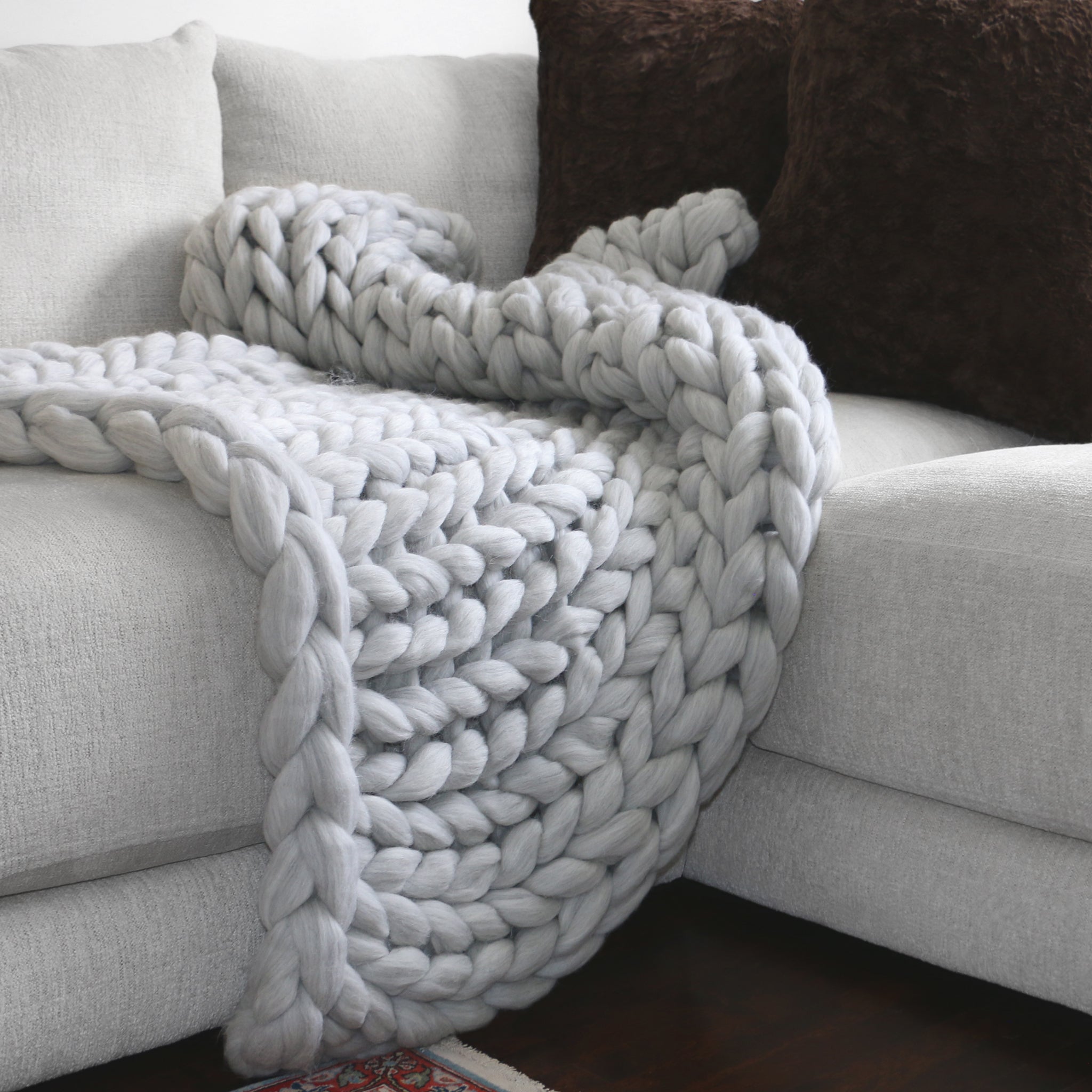 Solid Knit Throw Large Chunky Knit Throw -100% Merino Wool -Soft Grey | BNorth Domicile